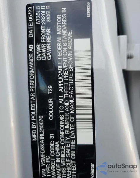 2024 Polestar 2 z USA, uszkodzony, nr VIN YSMFD3KA1RL210676